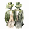 Romantic Fantasy Watercolor Illustration Of Men In Tuxedos And Green Suits