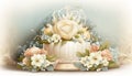 Romantic fantasy wedding alter. Dreamy marriage vows. Heaven\'s pearly gates. White rose bouquets and shimmering silk cake. Royalty Free Stock Photo