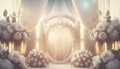 Romantic fantasy wedding alter. Dreamy marriage vows. Heaven\'s pearly gates. White rose bouquets and shimmering silk. Royalty Free Stock Photo