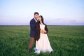 Romantic feelings in the field at sunset, the groom looks at the bride, the girl loves his boyfriend