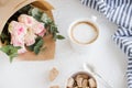 Romantic feminine background with coffee and roses Royalty Free Stock Photo