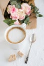 Romantic feminine background with coffee and roses Royalty Free Stock Photo