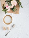 Romantic feminine background with coffee and roses Royalty Free Stock Photo