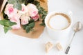 Romantic feminine background with coffee and roses Royalty Free Stock Photo