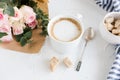 Romantic feminine background with coffee and roses Royalty Free Stock Photo