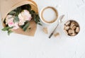 Romantic feminine background with coffee and roses Royalty Free Stock Photo