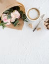 Romantic feminine background with coffee and roses Royalty Free Stock Photo