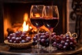 Romantic fire in the fireplace, glasses of red wine and red grapes.