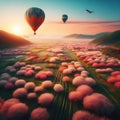 Romantic flight: hot air balloon drifts over blooming bushes Royalty Free Stock Photo