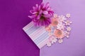 Romantic pinks and purples flowers arrangement on Purple and Lilac background