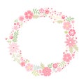 Romantic floral round frame with cute pink flowers. Beautiful wreath isolated on white background. Vector template Royalty Free Stock Photo