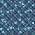 Romantic floral seamless pattern with blue cosmos flowers on checkered background.