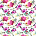 Romantic floral seamless pattern with rose flowers and leaf. Print for textile wallpaper endless. Hand-drawn watercolor Royalty Free Stock Photo