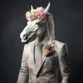 Romantic Floral Unicorn: A Stylishly Surreal Man In Elegant Costume