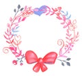 Romantic floral wreath with bow on white background. Pink blue leafy wreath for Valentine Day card design