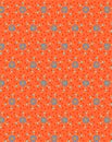 Abstract floral pattern with red, yellow and blue polka dots flowers on a bright orange background Retro design print