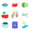 Romantic food icons set, cartoon style