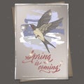 Romantic A4 format color greeting card with spring related brush calligraphy and color flying swallow sketch.