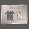 Romantic A4 format color vintage birthday card template with calligraphy, bunny, magic hat and wand sketch.