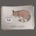 Romantic A4 format color vintage birthday card template with calligraphy, cat and goldfish sketch.