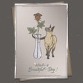 Romantic A4 format color vintage birthday card template with calligraphy, cat and rose in vase sketch.