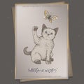 Romantic A4 format color vintage birthday card template with calligraphy, kitten and butterfly sketch.