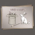 Romantic A4 format vintage birthday card template with calligraphy, bunny, magic hat and wand sketch.