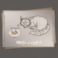 Romantic A4 format vintage birthday card template with calligraphy, cat and goldfish sketch.