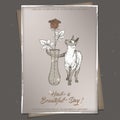 Romantic A4 format vintage birthday card template with calligraphy, cat and rose in vase sketch.