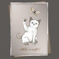 Romantic A4 format vintage birthday card template with calligraphy, kitten and butterfly sketch.