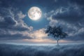 Romantic full moon in the night cloudy sky, a tree on a foggy hill. Royalty Free Stock Photo