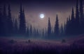 Romantic full moon over conifer forest and violet field in summer, AI generated