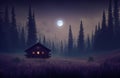 Romantic full moon over conifer forest and violet field in summer, AI generated