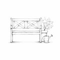 Romantic garden bench with watering can and plant in a pot