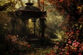 Romantic garden gazebo surrounded by autumn blooms Royalty Free Stock Photo