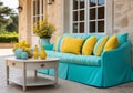 Romantic garden lounge to relax, read or be with friends. Contemporary furniture with flowers and vegetation. AI generative