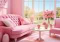 Romantic garden lounge to relax, read or be with friends. Contemporary furniture with flowers and vegetation. AI generative