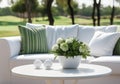 Romantic garden lounge to relax, read or be with friends. Contemporary furniture with flowers and vegetation. AI generative