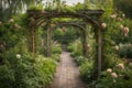 Romantic Garden with Rose Bushes and a Rustic Arbor