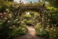 Romantic Garden with Rose Bushes and a Rustic Arbor