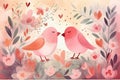 A romantic garden with sweet birds, blooming flowers, and love-filled hearts whimsical style loving mood. Watercolor