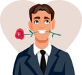 Charming Handsome Man Holding a Rose and Flirting Vector Cartoon