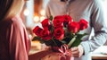 Romantic Gesture with a Bouquet of Red Roses. Generative ai