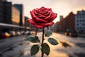 Romantic gesture Red rose held in front of lively cityscape