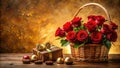 A romantic gift basket featuring a dozen red roses and assorted gourmet chocolates. Generative AI Royalty Free Stock Photo
