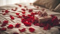Romantic gift on bed surrounded by red rose petals Royalty Free Stock Photo