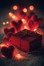 Romantic Gift Box with Heart Decorations in Soft Red Light Royalty Free Stock Photo
