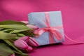 Romantic gift box tied with big pink bow and spring tulips on pink color background. Mother's day or Easter holiday Royalty Free Stock Photo
