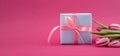 Romantic gift box tied with big pink bow and spring tulips on pink color background. Mother& x27;s day or Easter holiday Royalty Free Stock Photo