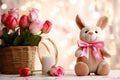 romantic gift for a girl a bouquet of roses and a plush rabbit generative ai